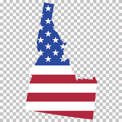 Fototapeta premium Outline map of Idaho filled with the United States flag pattern. State silhouette isolated on transparent background for geography and educational use.