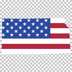 Fototapeta premium Outline map of Kansas filled with the United States flag design, isolated on transparent background for geography and educational use.