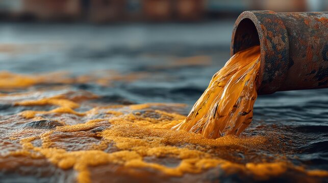 Rusty pipe discharges polluted, orange-colored water into a natural body of water, indicating environmental contamination.