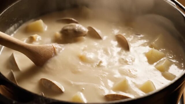 Cooking delicious creamy clam chowder soup for warm comforting dinner. Close up view in pot with potato, seafood and wooden spoon