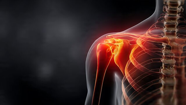Close-up of human shoulder with glowing red pain indicators highlighting inflamed joint and skeletal structure