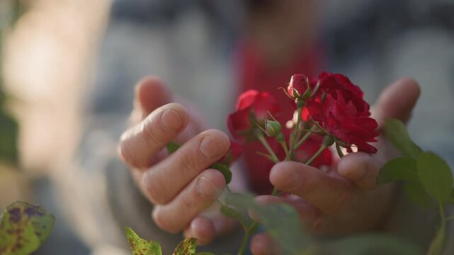 Hands cupping red rose home garden, closeup of gentle palms cradling delicate petals with dew, soft morning sunlight, subtle bokeh, intimate domestic gardening ritual showing careful pruning