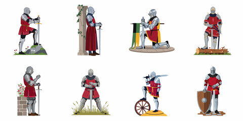 Fototapeta premium Set of eight medieval knight characters in full plate armor with swords and shields in various poses, isolated on white background.