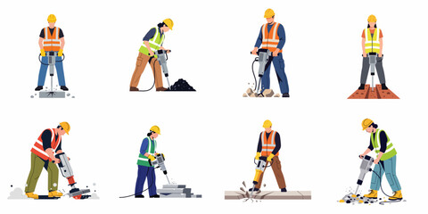 Fototapeta premium Collection of male and female construction workers in safety gear using jackhammers to break concrete and asphalt, isolated flat vector illustration set.