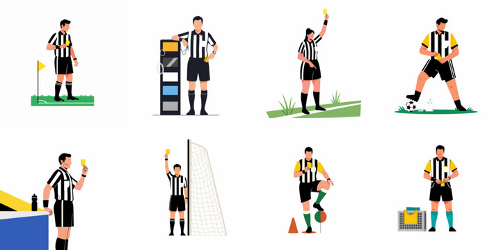 Set of flat vector illustrations of soccer referees in different roles, holding yellow cards, officiating matches, and using video assistant referee technology.