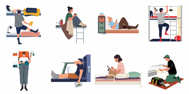 Collection of diverse people resting, sleeping, and traveling in various settings like bunk beds, hostels, and train compartments, vector illustration.