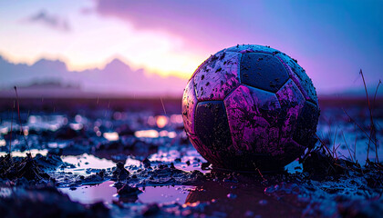 Naklejka premium Soccer Ball with Mud on Grass Field