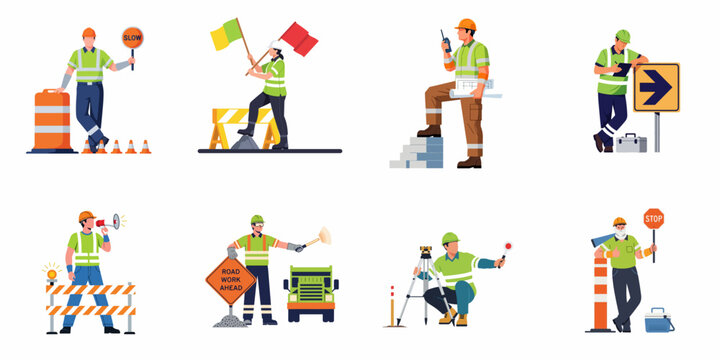 Collection of road construction workers and traffic control flaggers in high-visibility safety gear performing various on-site duties, isolated on white background.