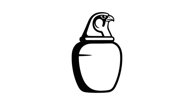 Ancient Egyptian canopic jar with falcon head illustration. Black and white icon symbolizing ancient Egypt, mummification, and historical rituals.