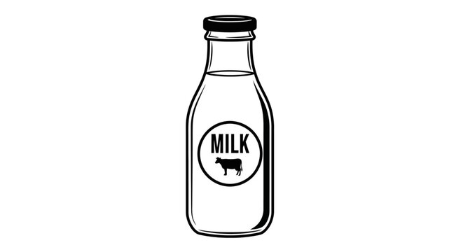 Vintage milk bottle illustration, classic glass container with 'MILK' label and cow icon, black and white line art vector graphic