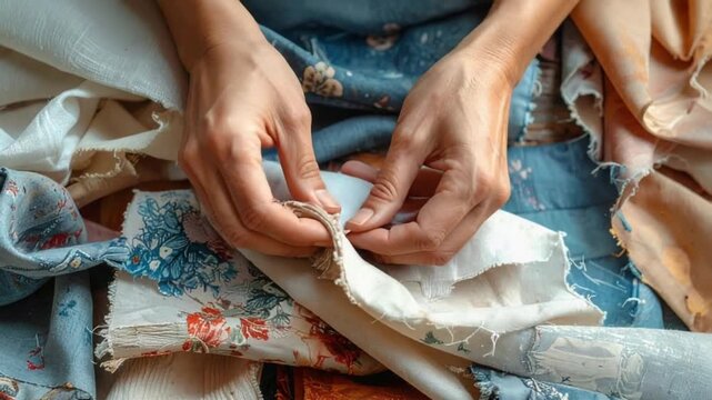 Hands sorting colorful fabric scraps for sewing and textile crafting project