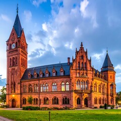 Fototapeta premium Ornate brick building with clock tower at dusk, bathed in warm light