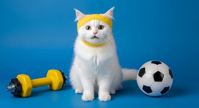 White cat yellow bandana soccer ball