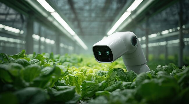 Smart agricultural robot monitoring green lettuce in a vertical farm greenhouse. Ideal for agritech presentations, smart farming projects, food tech innovations,and future agriculture designs.