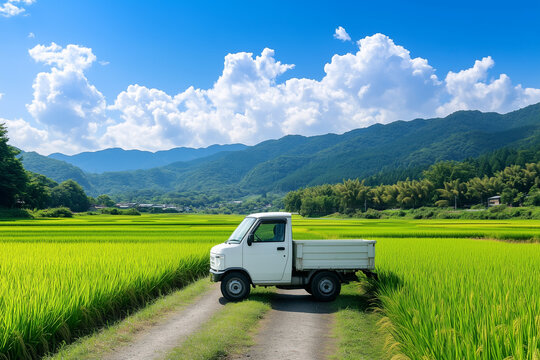 青空と広大な緑の水田に止まる白い軽トラック 日本の夏の農村風景