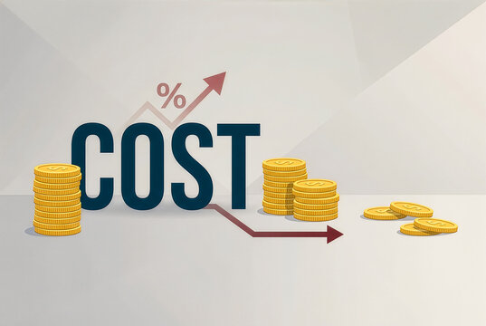 コスト削減と物価上昇の経済概念―金貨と矢印で表すインフレとコストダウン