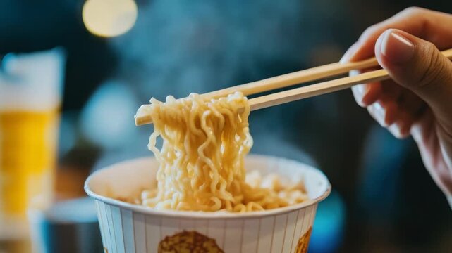 Steaming cup of noodles with chopsticks lifting