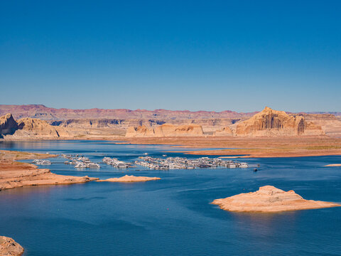 The mountain and lake landscape at Lake Powell, Arizona.