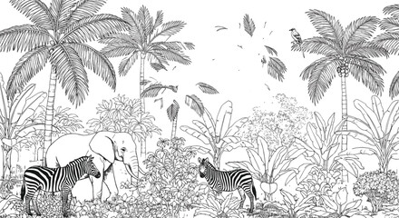 Tropical jungle landscape illustration featuring elephants, zebras, palm trees, and lush vegetation in detailed vintage engraving line art vector style © Md Julfikar