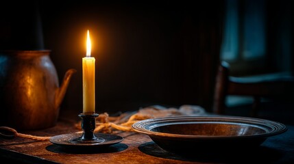 Candlelight on Rustic Table with Antique Plate and Metal Pot