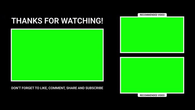 YouTube End Screen Animation with Thanks for watching text and green screen area, 4k video