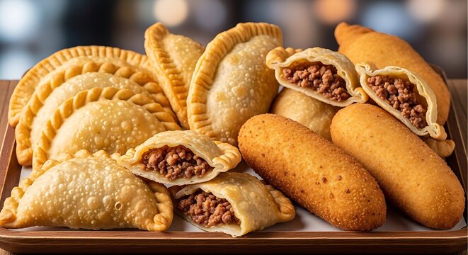 A delicious platter of golden brown traditional meat empanadas served on a wooden serving tray. puerto rican food