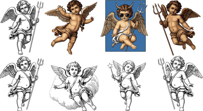 Vintage cupid angel illustration set featuring winged cherubs with arrows, trident, and playful poses in detailed classical engraving vector style