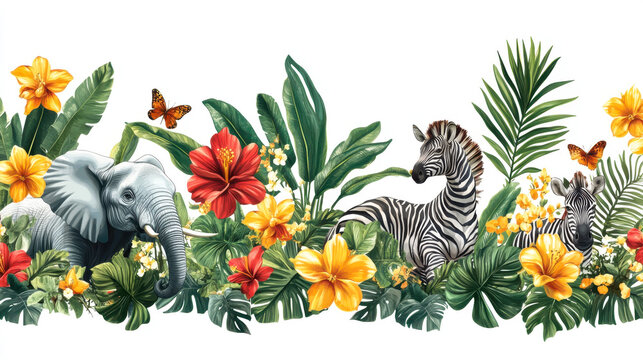 seamless pattern with safari animals and palm trees