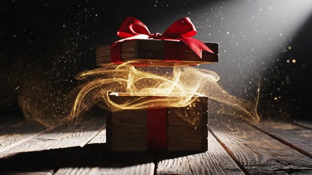 A wooden gift box with a red bow explodes with a bright light