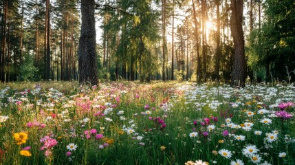 Fototapeta premium Serene Forest Meadow with Colorful Wildflowers at Sunrise Light