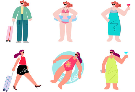 Summer Vacation Women Characters Flat Illustration Set
