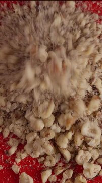 Slow motion hazelnuts falling on a red background. Close-up of melted chocolate pouring over hazelnuts. Rich glossy chocolate covering nuts, dessert preparation concept.