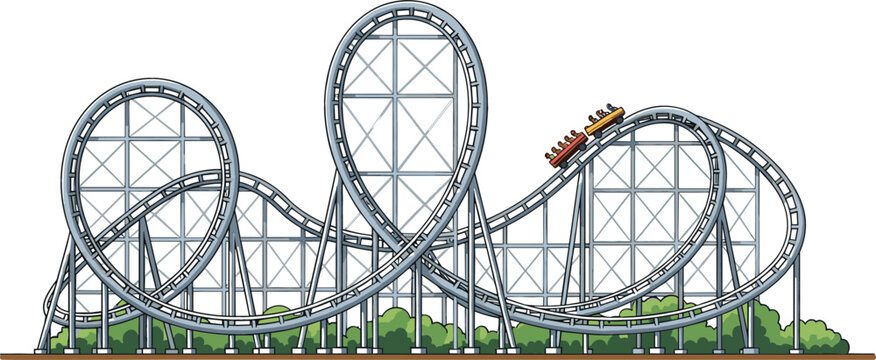 Amusement park roller coaster vector illustration with looping steel tracks, high speed train ride, and thrilling theme park attraction design