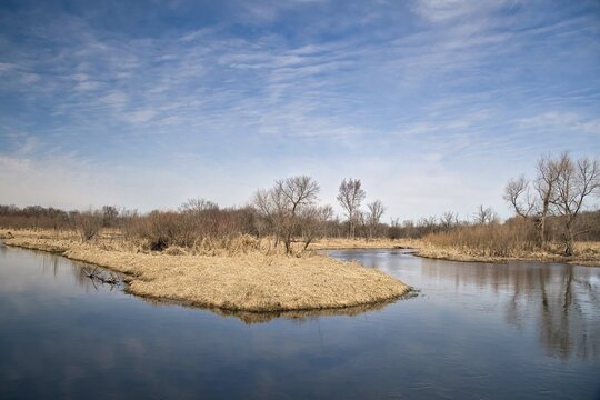 View of a small stream passing through a marsh and forest along the Glacial Drumlin State Trail on a sunny spring day near Dousman, Wisconsin.