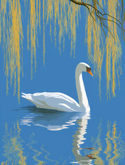 Fototapeta premium Graceful white swan swimming in blue water under hanging yellow willow branches