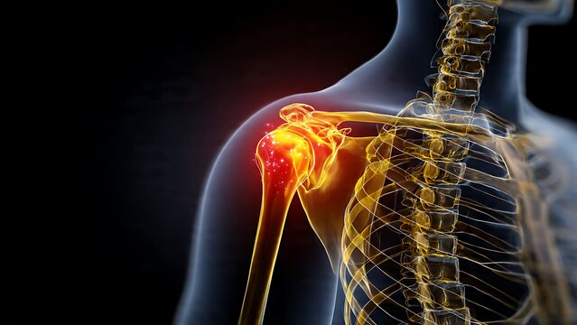 Anatomical illustration of human shoulder joint pain and inflammation, medical diagnostic visualization