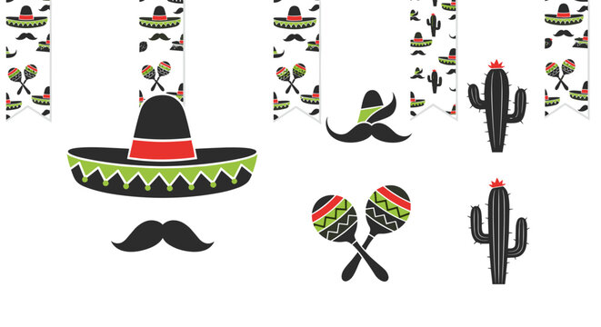 Mexican-themed cultural elements for celebration design - sombrero maracas cactus mustache
