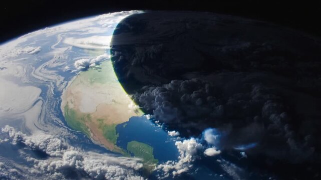 Advancing dark occluder entering from upper right, crossing Earth disk from space, creating shadow