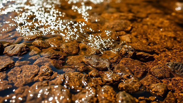 tolerable. Shallow stream flowing over porous rocks with tiny bubbles and dappled sunlight. travel magazines, destination branding, designed for outdoor magazines and nature guides.