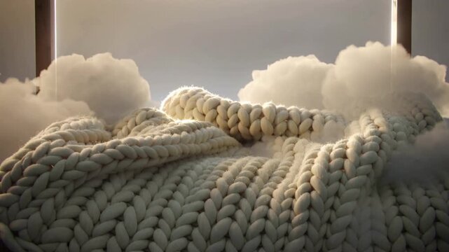 Descending cream knit blanket curling onto mini diorama in wood frame, filling hills with clouds