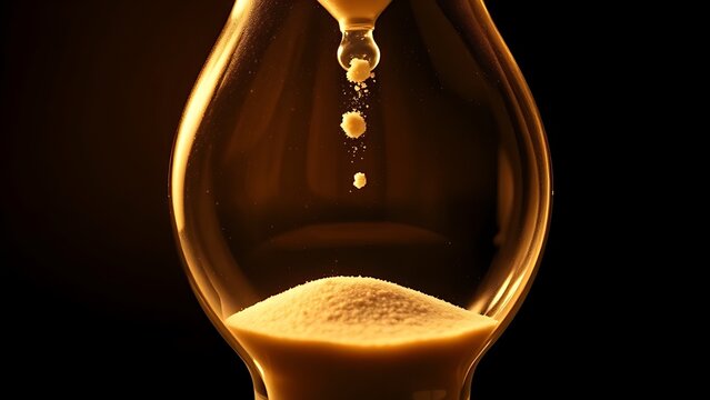 reactivity. Hourglass with sand nearly all in the bottom bulb, warm dramatic lighting. wellbeing guides, coaching materials, designed for mental health education and mindfulness programs.