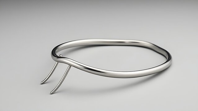 shortcoming. A stainless steel dental facebow isolated on a neutral background. STEM education sheets, lab safety posters, designed for biotech research communications, used by nutritionists.
