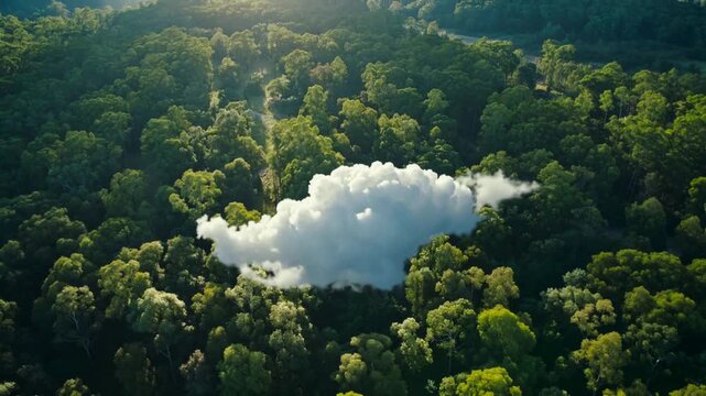 Nature scene showing lone cloud hovering above woods, sun heating trees spurring cloud growth