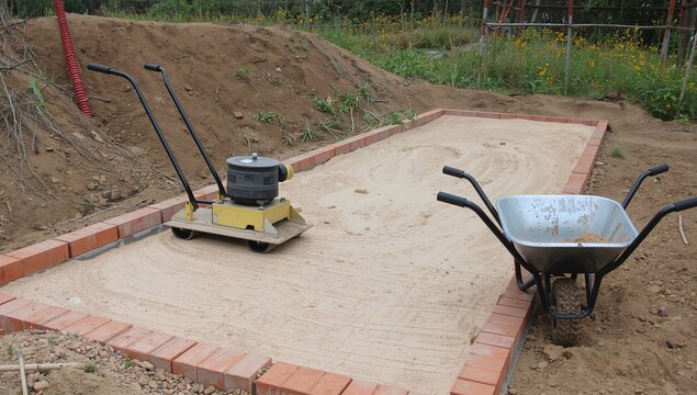 Outdoor construction site with a vibratory plate compactor leveling a base layer of sand, bordered by bricks, indicating groundwork for a new patio or pathway project