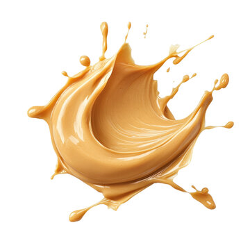 Dynamic Peanut Butter Splash Isolated Against Transparent Background Showing Texture and Brown Color with Droplets