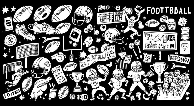 Detailed American Football Doodle Art Collection in White on Black Background, featuring Helmets, Balls, Players, Scoreboards, and Trophies.