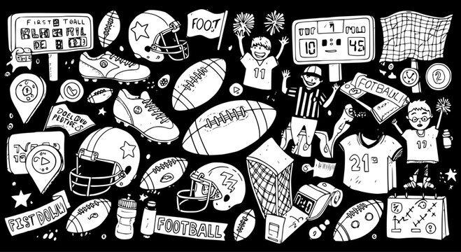 Hand-Drawn American Football Doodle Set: Sports Equipment, Players, Fans, and Game Elements on Black Background