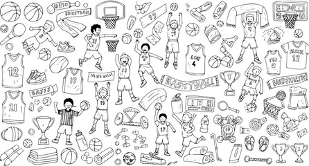 Hand-Drawn Basketball Doodles Set. Cartoon Kids Playing Sports, Balls, Hoops, Jerseys, Trophies, and Equipment Collection. Fun Sports Game Sketch. © evalova