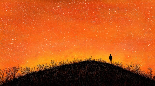 The serenity of a lone figure on a hill against a breathtaking celestial backdrop.