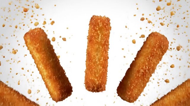Crispy breaded cheese sticks with flying crumbs in mid-air on white